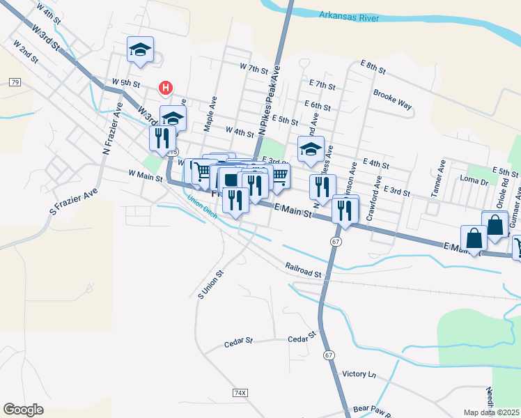 map of restaurants, bars, coffee shops, grocery stores, and more near 115 East Main Street in Florence