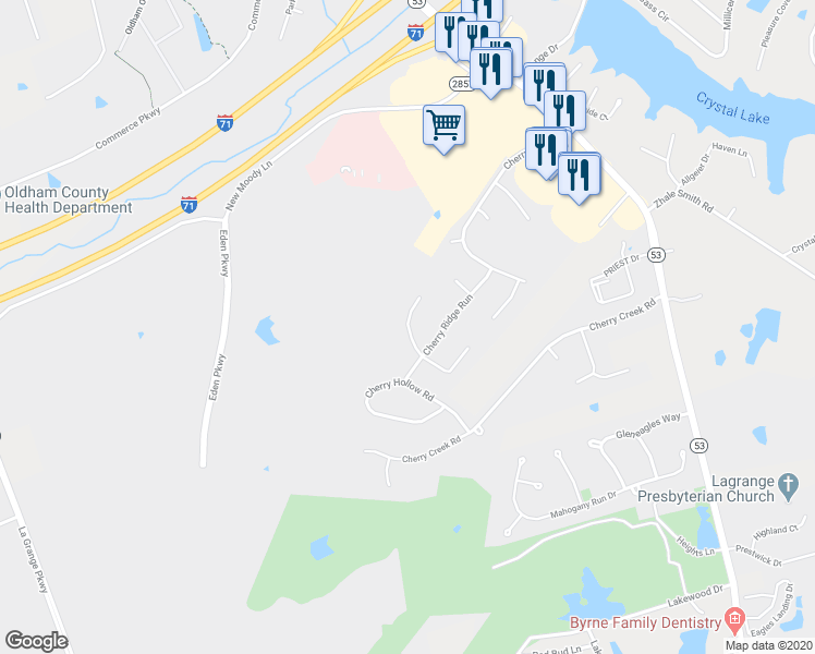map of restaurants, bars, coffee shops, grocery stores, and more near Cherry Ridge Court in La Grange
