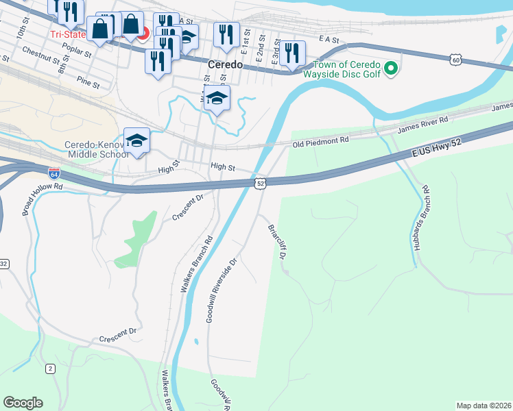 map of restaurants, bars, coffee shops, grocery stores, and more near 106 Goodwill Rd in Huntington