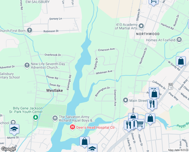 map of restaurants, bars, coffee shops, grocery stores, and more near 318 Whitman Avenue in Salisbury