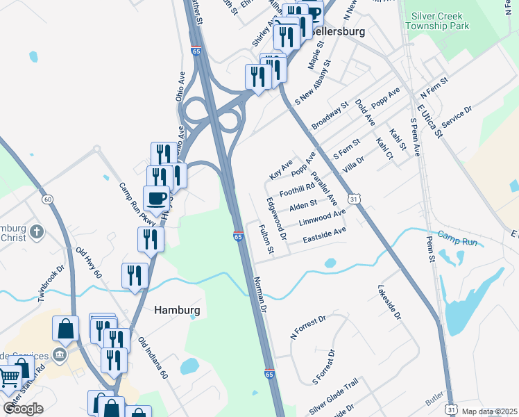 map of restaurants, bars, coffee shops, grocery stores, and more near 535 Fulton Street in Sellersburg