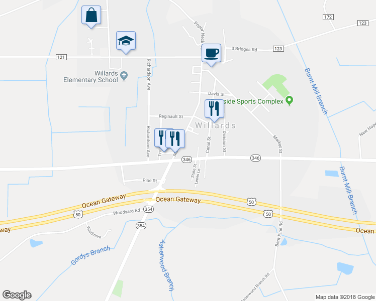 map of restaurants, bars, coffee shops, grocery stores, and more near 7272 Jake Street in Willards