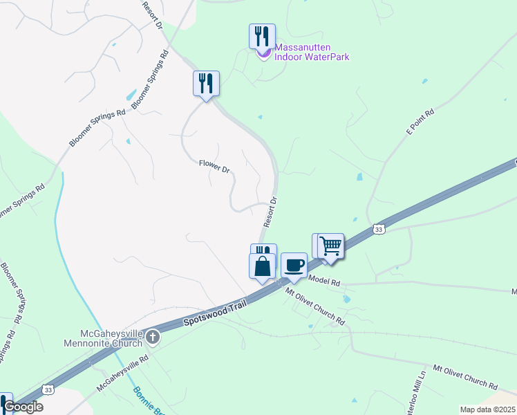 map of restaurants, bars, coffee shops, grocery stores, and more near 329 Flower Drive in McGaheysville