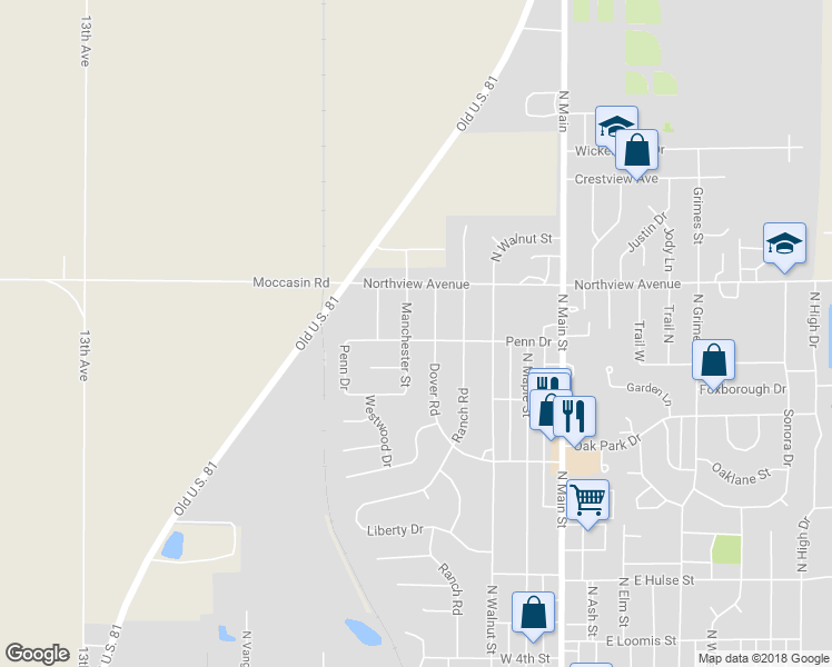 map of restaurants, bars, coffee shops, grocery stores, and more near 502 Penn Drive in McPherson