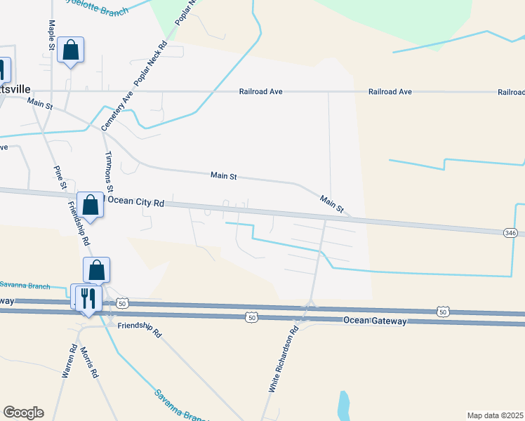 map of restaurants, bars, coffee shops, grocery stores, and more near 35030 Maryland 346 in Pittsville
