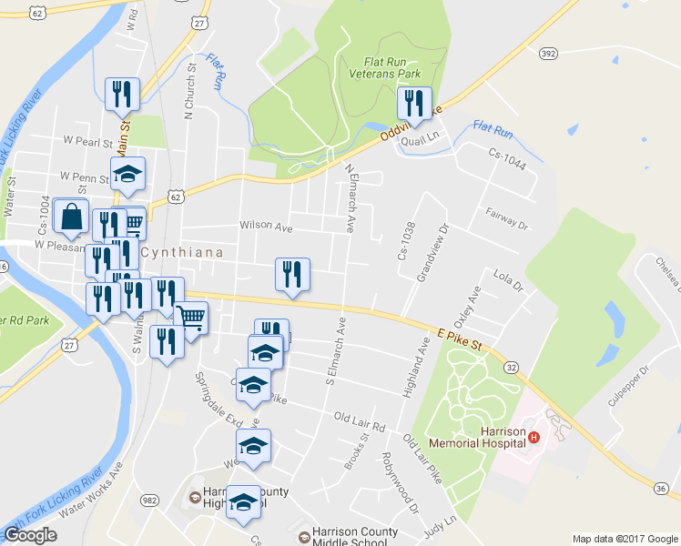 map of restaurants, bars, coffee shops, grocery stores, and more near 450 East Pleasant Street in Cynthiana