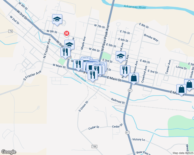 map of restaurants, bars, coffee shops, grocery stores, and more near 115 East Main Street in Florence