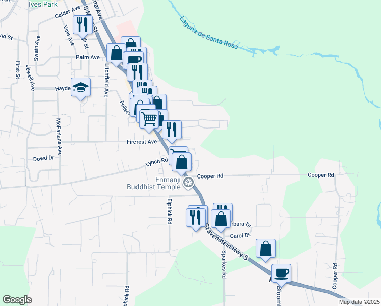 map of restaurants, bars, coffee shops, grocery stores, and more near 7025 Corline Court in Sebastopol