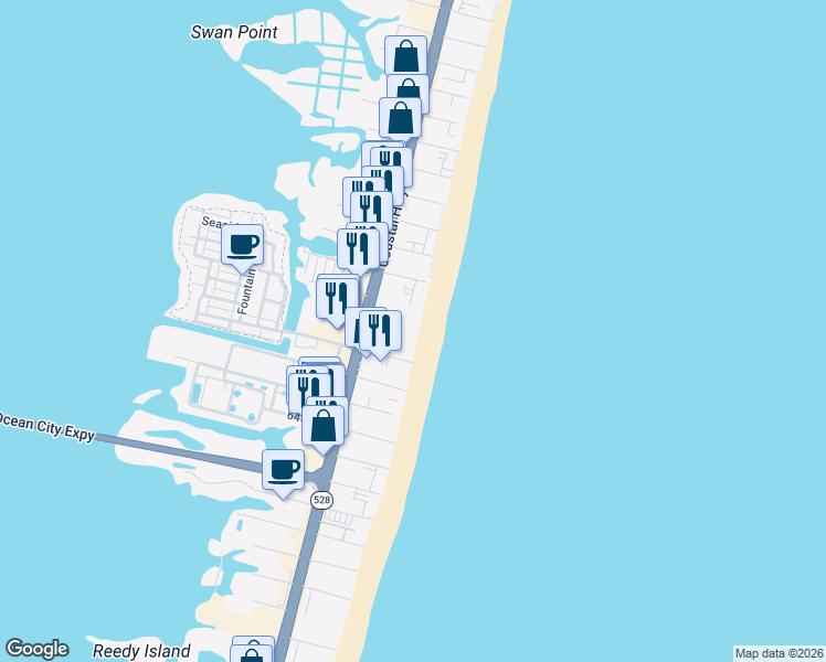 map of restaurants, bars, coffee shops, grocery stores, and more near 6801 Atlantic Avenue in Ocean City