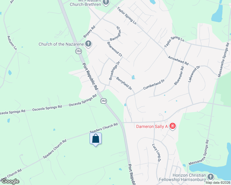 map of restaurants, bars, coffee shops, grocery stores, and more near 3127 Brookshire Drive in Harrisonburg