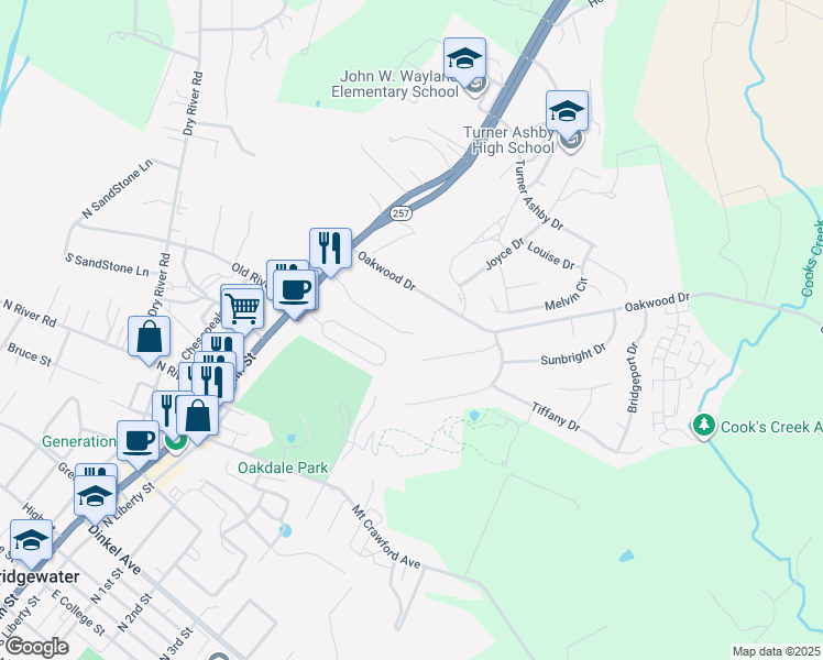 map of restaurants, bars, coffee shops, grocery stores, and more near 119 Pennie Layne in Bridgewater