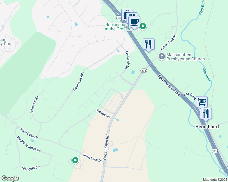 map of restaurants, bars, coffee shops, grocery stores, and more near 111 Macallister Way in Harrisonburg