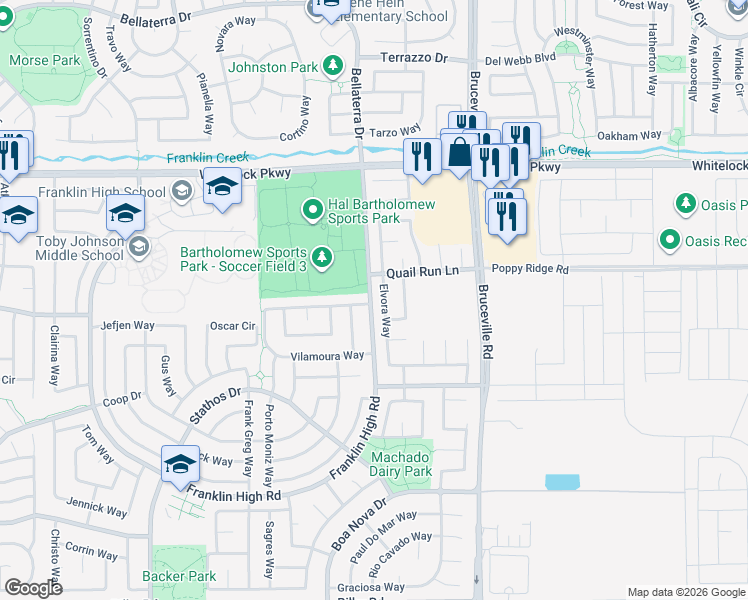 map of restaurants, bars, coffee shops, grocery stores, and more near 3 Franklin High Road in Elk Grove