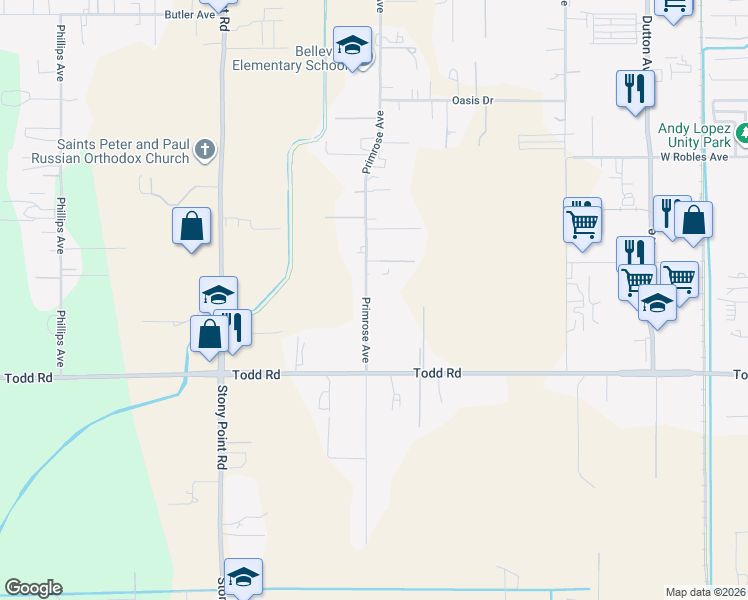 map of restaurants, bars, coffee shops, grocery stores, and more near 3696 Primrose Avenue in Santa Rosa