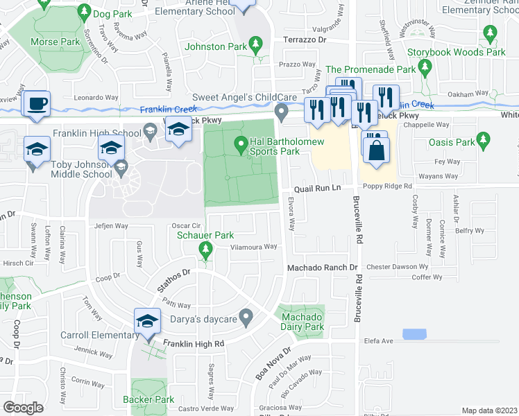 map of restaurants, bars, coffee shops, grocery stores, and more near 6308 Vilamoura Way in Elk Grove