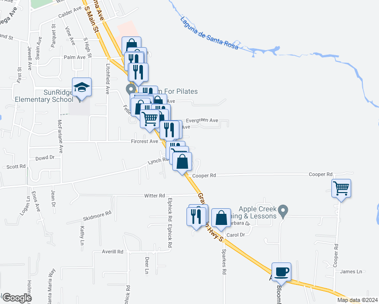 map of restaurants, bars, coffee shops, grocery stores, and more near 7025 Corline Court in Sebastopol