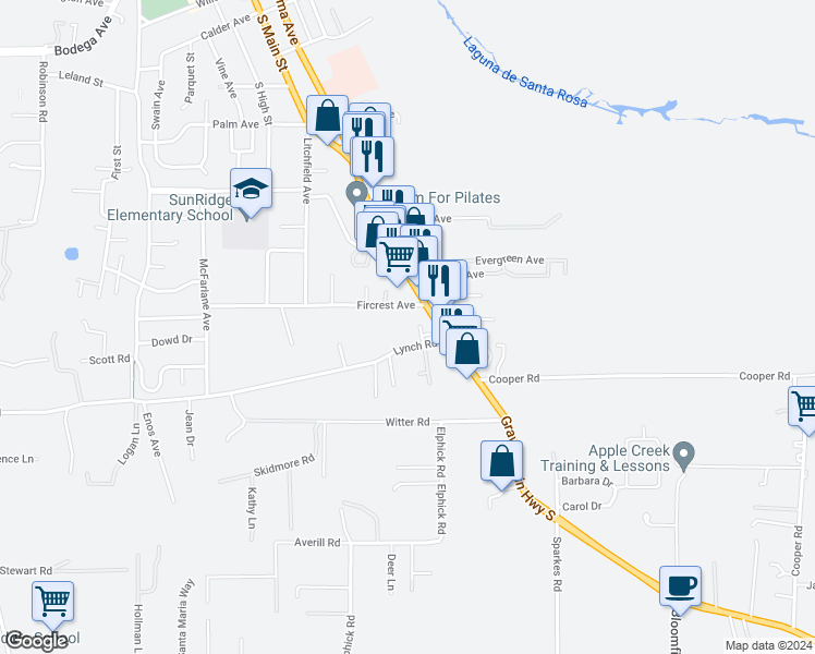 map of restaurants, bars, coffee shops, grocery stores, and more near 7030 Lynch Road in Sebastopol