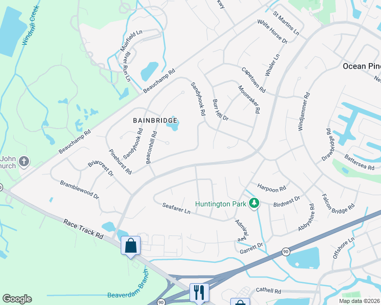 map of restaurants, bars, coffee shops, grocery stores, and more near 33 Pinehurst Road in Ocean Pines