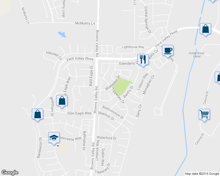 map of restaurants, bars, coffee shops, grocery stores, and more near 912 Bluewater Drive in Vacaville