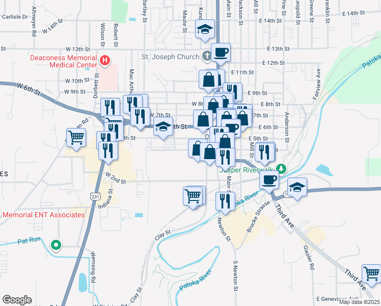 map of restaurants, bars, coffee shops, grocery stores, and more near 331 West 4th Street in Jasper