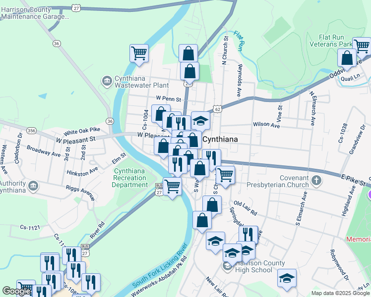 map of restaurants, bars, coffee shops, grocery stores, and more near 116 118 120 Main Street South in Cynthiana