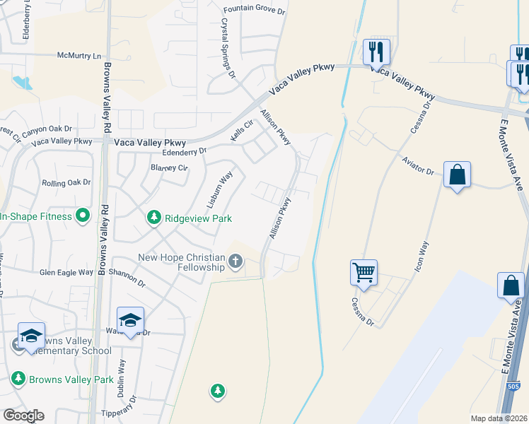 map of restaurants, bars, coffee shops, grocery stores, and more near 4940 Allison Parkway in Vacaville