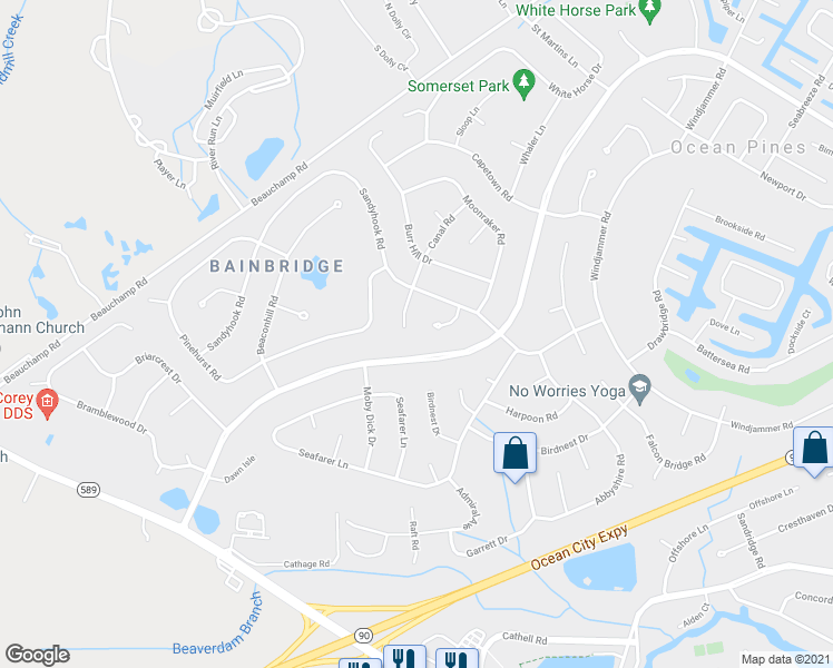 map of restaurants, bars, coffee shops, grocery stores, and more near 43 Canal Road in Ocean Pines
