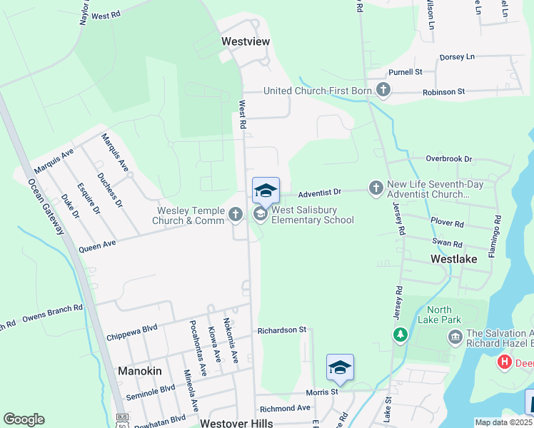 map of restaurants, bars, coffee shops, grocery stores, and more near 1321 West Road in Salisbury