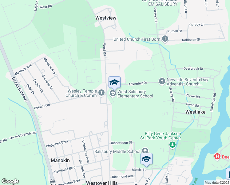 map of restaurants, bars, coffee shops, grocery stores, and more near 1321 West Road in Salisbury
