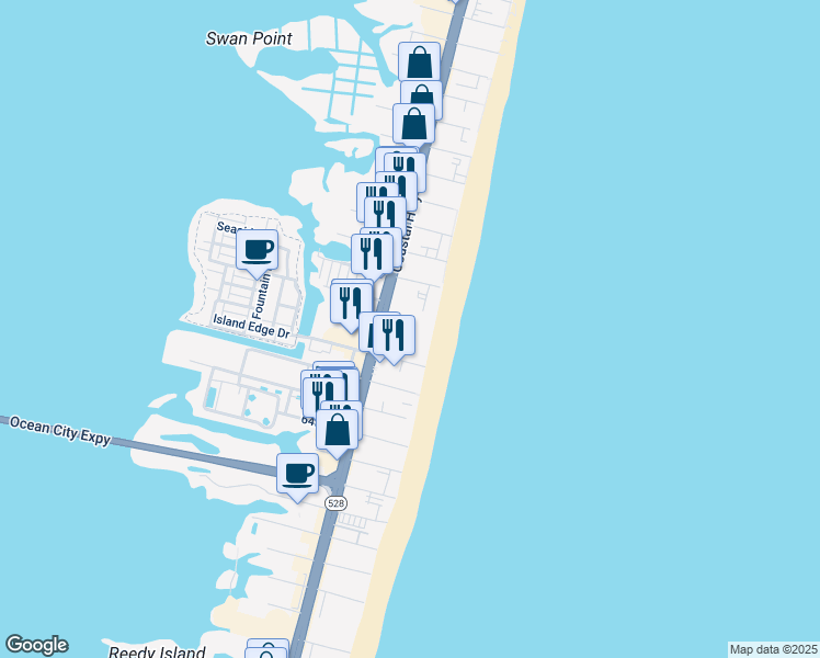 map of restaurants, bars, coffee shops, grocery stores, and more near 6801 Atlantic Avenue in Ocean City
