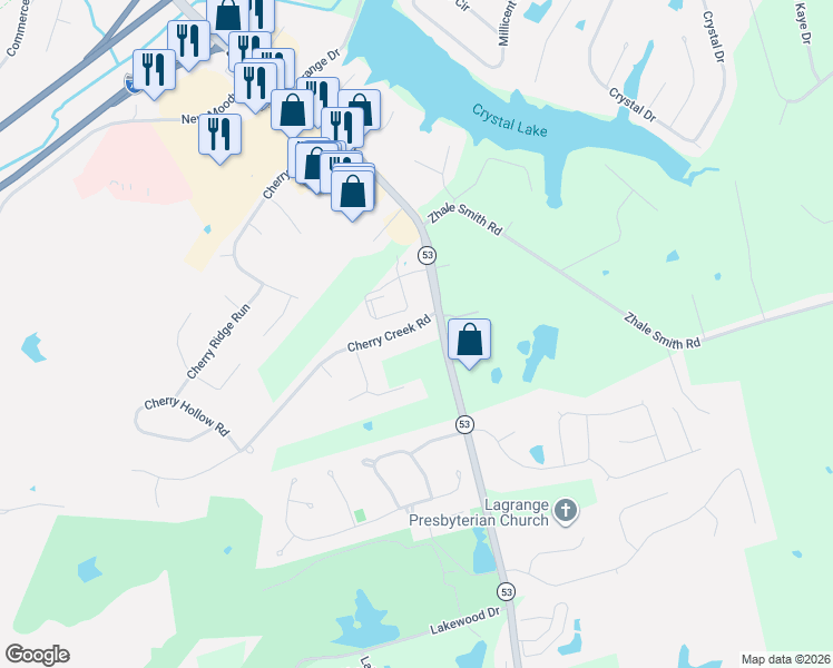 map of restaurants, bars, coffee shops, grocery stores, and more near 2416 Kentucky 53 in La Grange