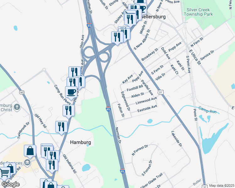 map of restaurants, bars, coffee shops, grocery stores, and more near 535 Fulton Street in Sellersburg