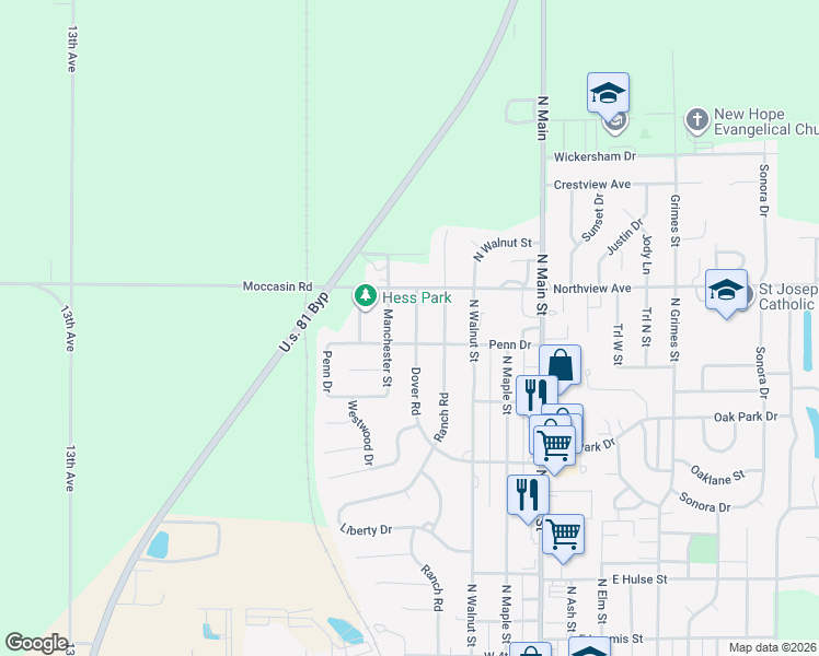 map of restaurants, bars, coffee shops, grocery stores, and more near 502 Penn Drive in McPherson