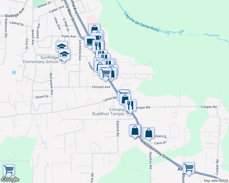 map of restaurants, bars, coffee shops, grocery stores, and more near 1020 Gravenstein Highway South in Sebastopol