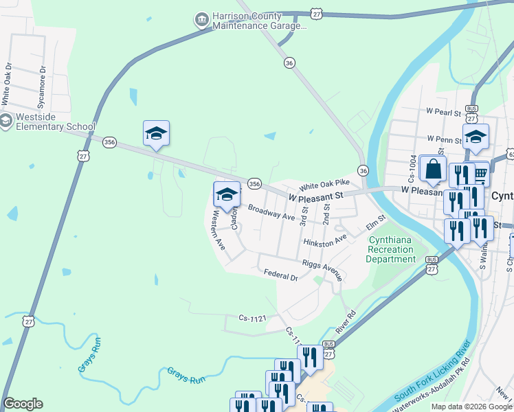 map of restaurants, bars, coffee shops, grocery stores, and more near 403 Broadway Avenue in Cynthiana