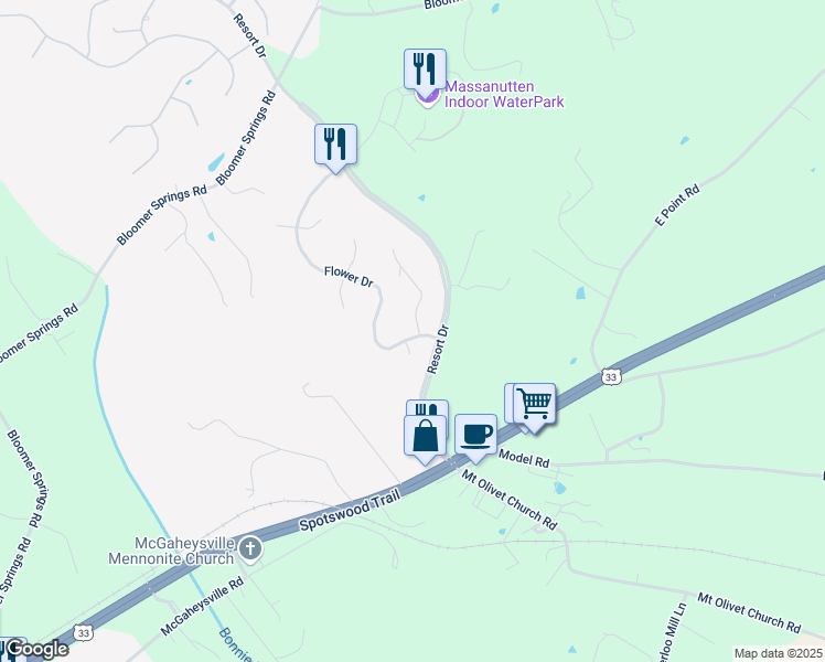 map of restaurants, bars, coffee shops, grocery stores, and more near 329 Flower Drive in McGaheysville