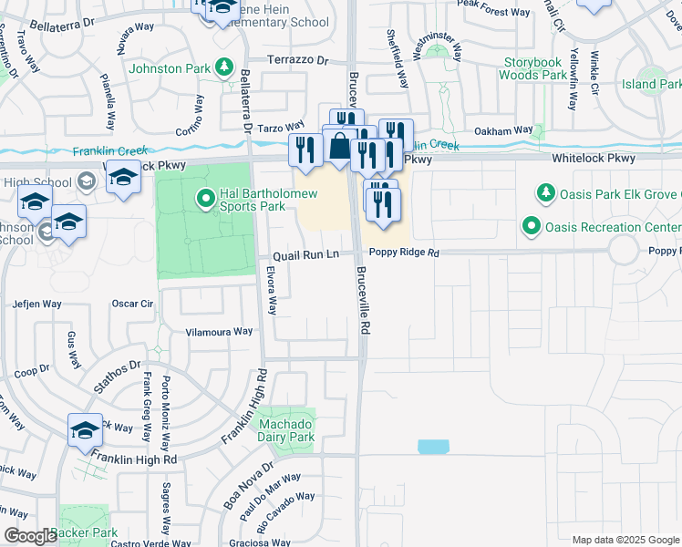map of restaurants, bars, coffee shops, grocery stores, and more near 10120 Bruceville Road in Elk Grove