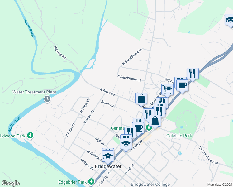 map of restaurants, bars, coffee shops, grocery stores, and more near 405 North River Road in Bridgewater