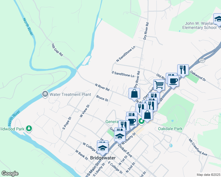 map of restaurants, bars, coffee shops, grocery stores, and more near 405 North River Road in Bridgewater