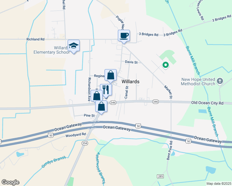 map of restaurants, bars, coffee shops, grocery stores, and more near 7272 Jake Street in Willards