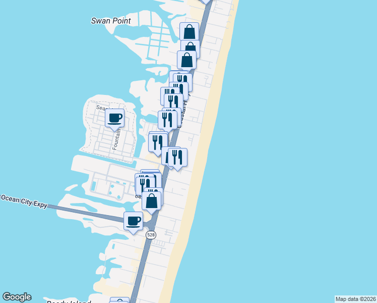 map of restaurants, bars, coffee shops, grocery stores, and more near 6801 Atlantic Avenue in Ocean City