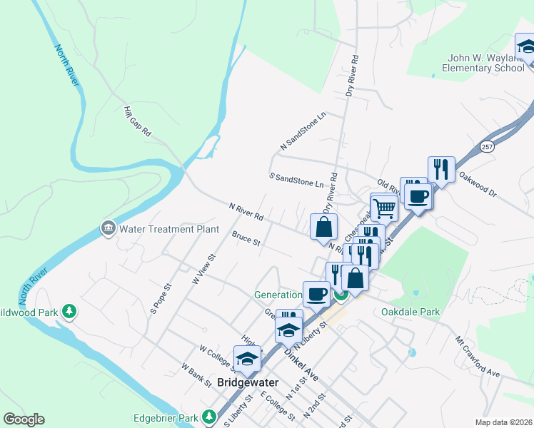 map of restaurants, bars, coffee shops, grocery stores, and more near 322 North River Road in Bridgewater