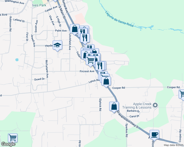 map of restaurants, bars, coffee shops, grocery stores, and more near 7030 Lynch Road in Sebastopol