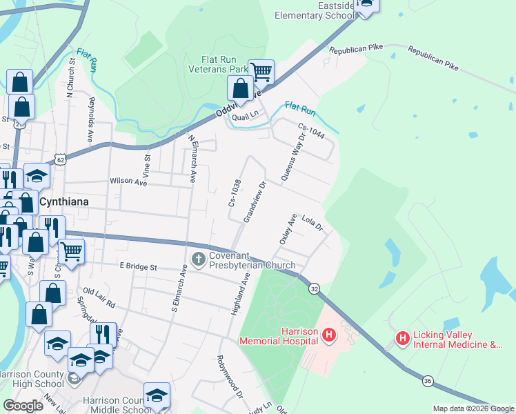 map of restaurants, bars, coffee shops, grocery stores, and more near 111 Grandview Drive in Cynthiana