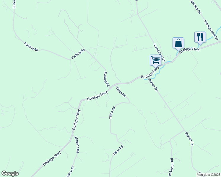 map of restaurants, bars, coffee shops, grocery stores, and more near Bodega Hwy & Furlong Rd in Sebastopol