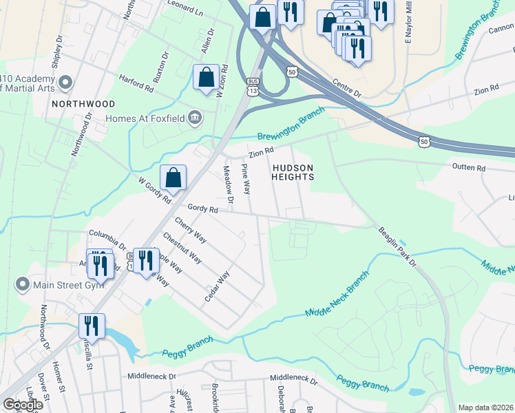 map of restaurants, bars, coffee shops, grocery stores, and more near 1969 Pine Way in Salisbury