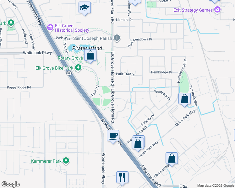 map of restaurants, bars, coffee shops, grocery stores, and more near 8908 Castle Park Drive in Elk Grove