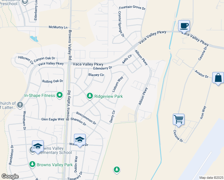 map of restaurants, bars, coffee shops, grocery stores, and more near 230 Lisburn Way in Vacaville