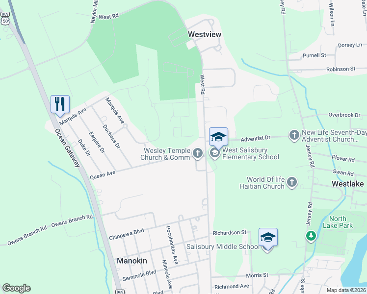map of restaurants, bars, coffee shops, grocery stores, and more near 927 Queen Avenue in Salisbury