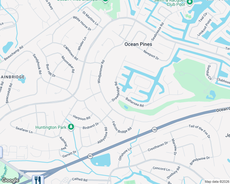 map of restaurants, bars, coffee shops, grocery stores, and more near 8 Drawbridge Road in Ocean Pines